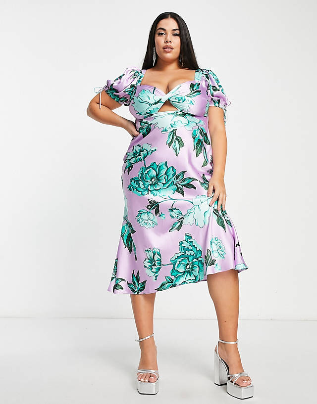 ASOS DESIGN Curve satin midi tea dress with twist front in lilac and green floral print