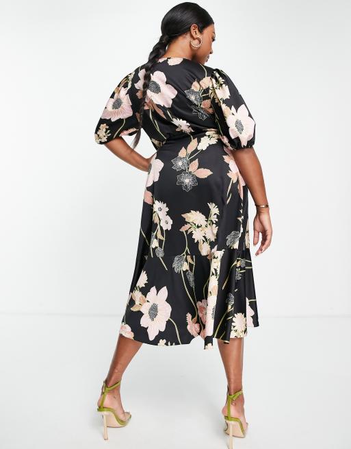 ASOS DESIGN Curve satin midi wrap dress with puff sleeves in floral print ASOS