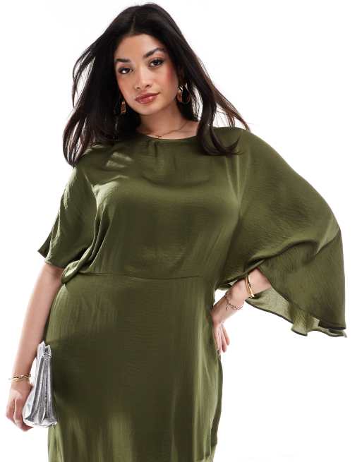 ASOS DESIGN Curve – Satin-Midikleid in Olivgrün mit Flatterärmeln und asymmetrischem Saum, 3 von 4
