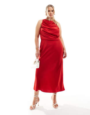 ASOS DESIGN Curve - Satin-Midikleid in Rot mit drapiertem Oberteil