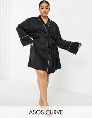 ASOS DESIGN Curve satin mini robe with contrast piping in black