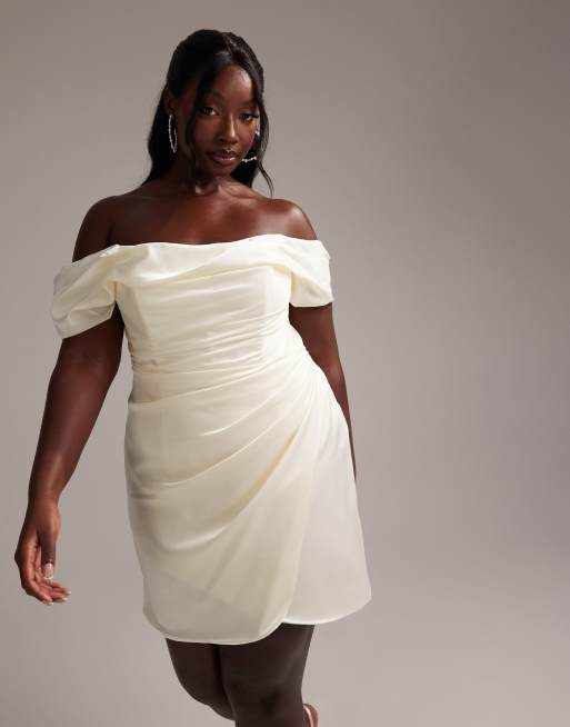 ASOS DESIGN Curve satin off shoulder mini dress in ivory | ASOS