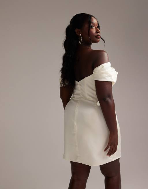 ASOS DESIGN Curve satin off shoulder mini dress in ivory