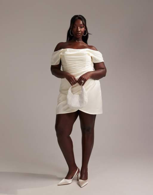 ASOS DESIGN Curve satin off shoulder mini dress in ivory
