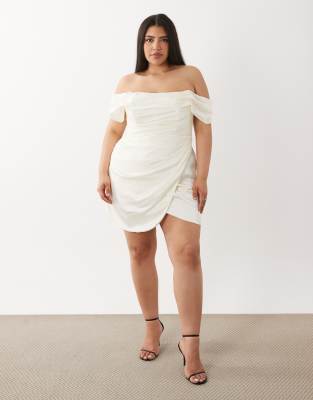 Asos Curve Asos Design Curve Satin Off Shoulder Mini Dress In White