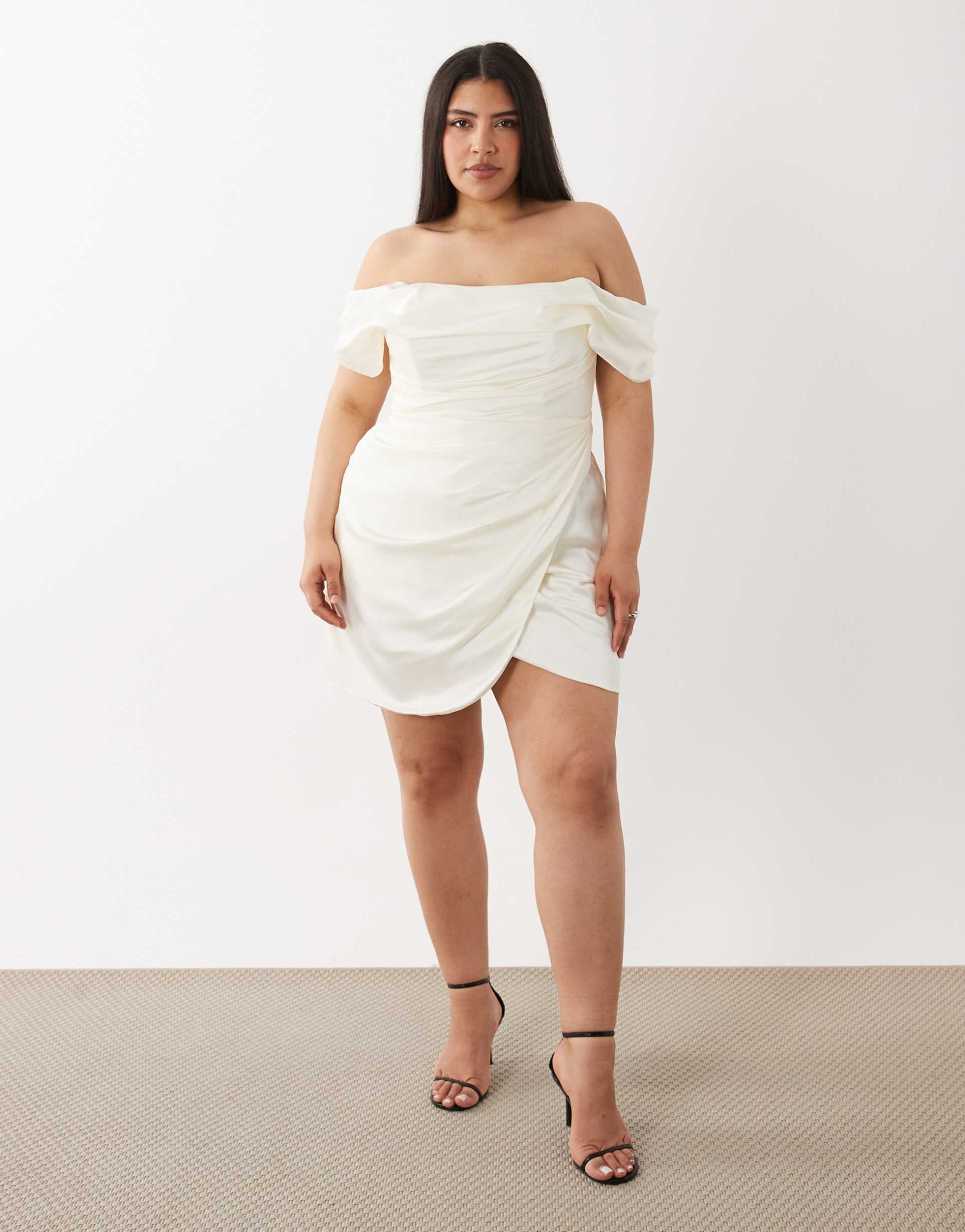 asos design curve satin off shoulder mini dress in ivory
