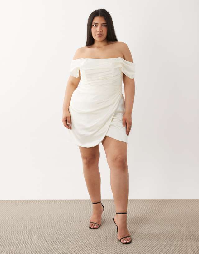 ASOS DESIGN Curve satin off shoulder mini dress in ivory