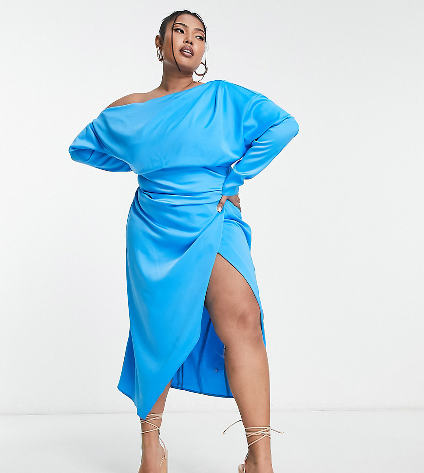 ASOS DESIGN Curve satin off the shoulder midi dress with tuck detail in blue
