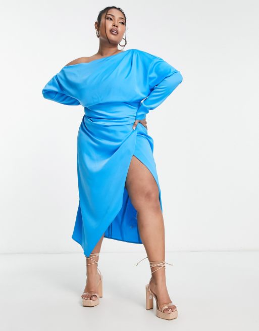 Blue satin off the shoulder clearance dress