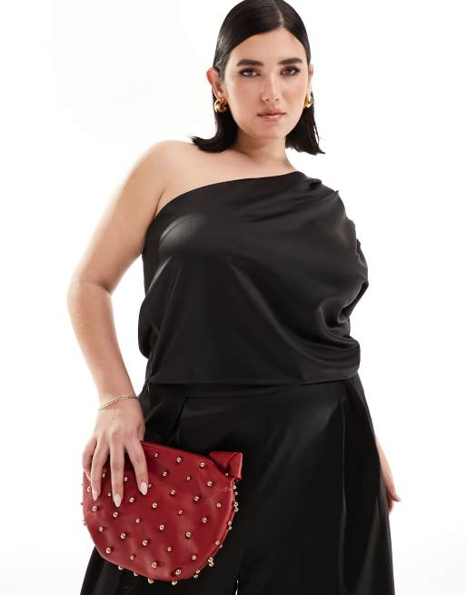 ASOS DESIGN Curve satin one shoulder top co-ord in black