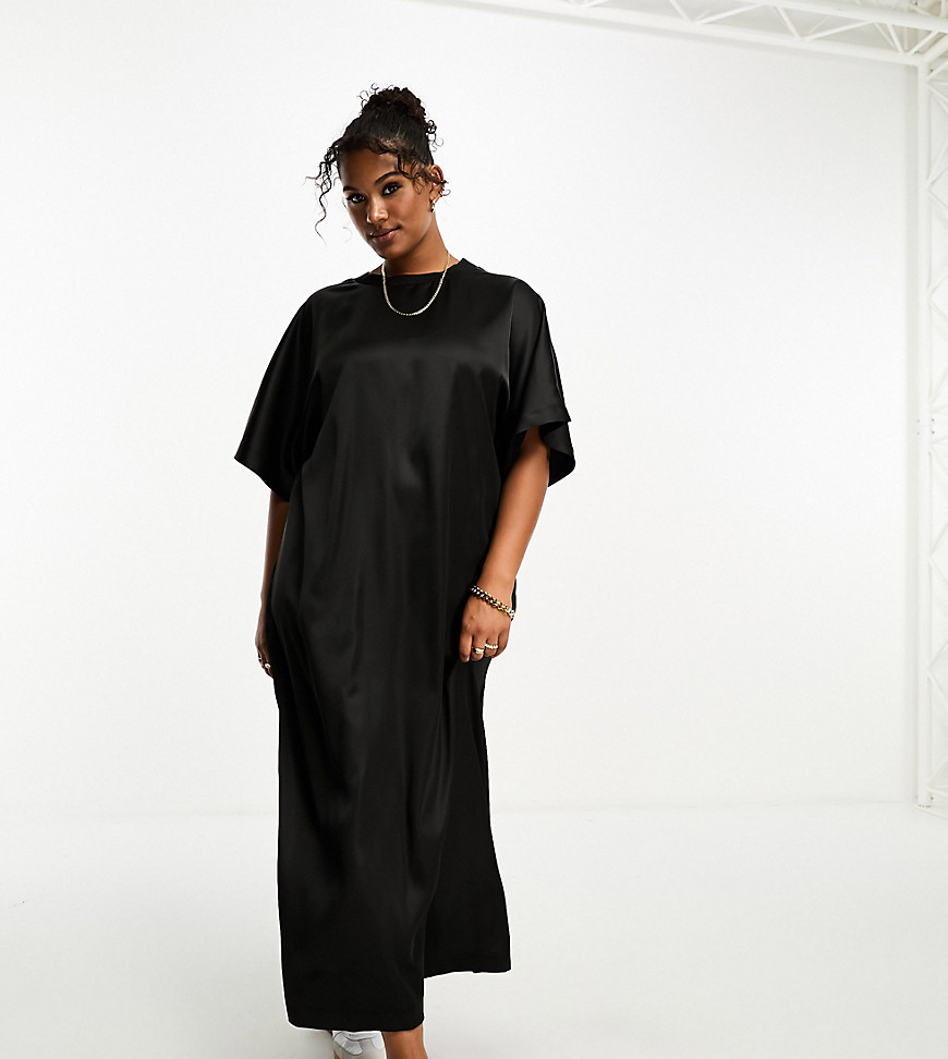 Asos Curve Asos Design Curve Satin Oversized Midi T-shirt Dress In Black