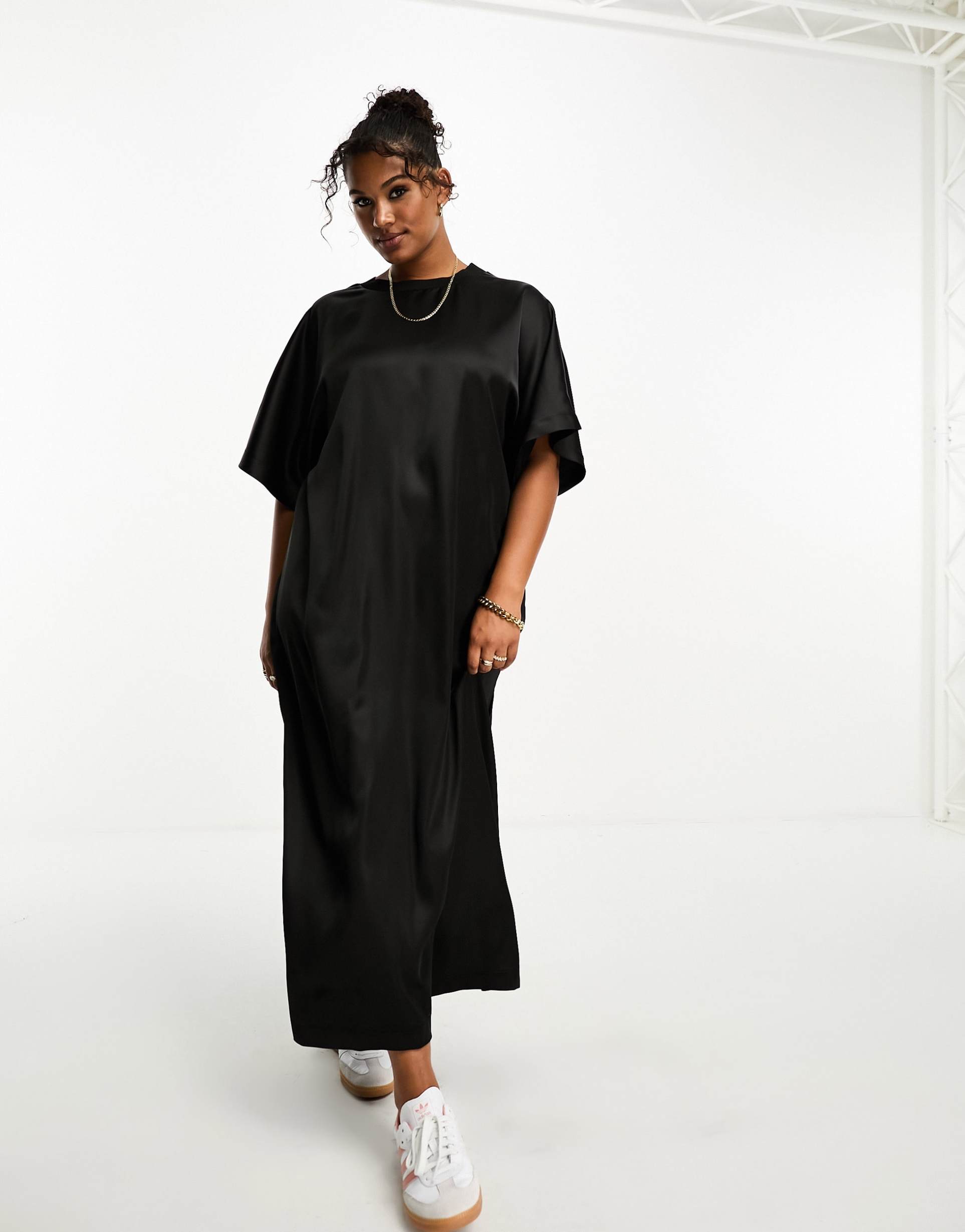 asos design curve satin oversized midi t-shirt dress in black