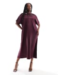 [ASOS Curve] ASOS DESIGN Curve satin oversized midi t-shirt dress in burgundy-Red 22 BURGUNDY