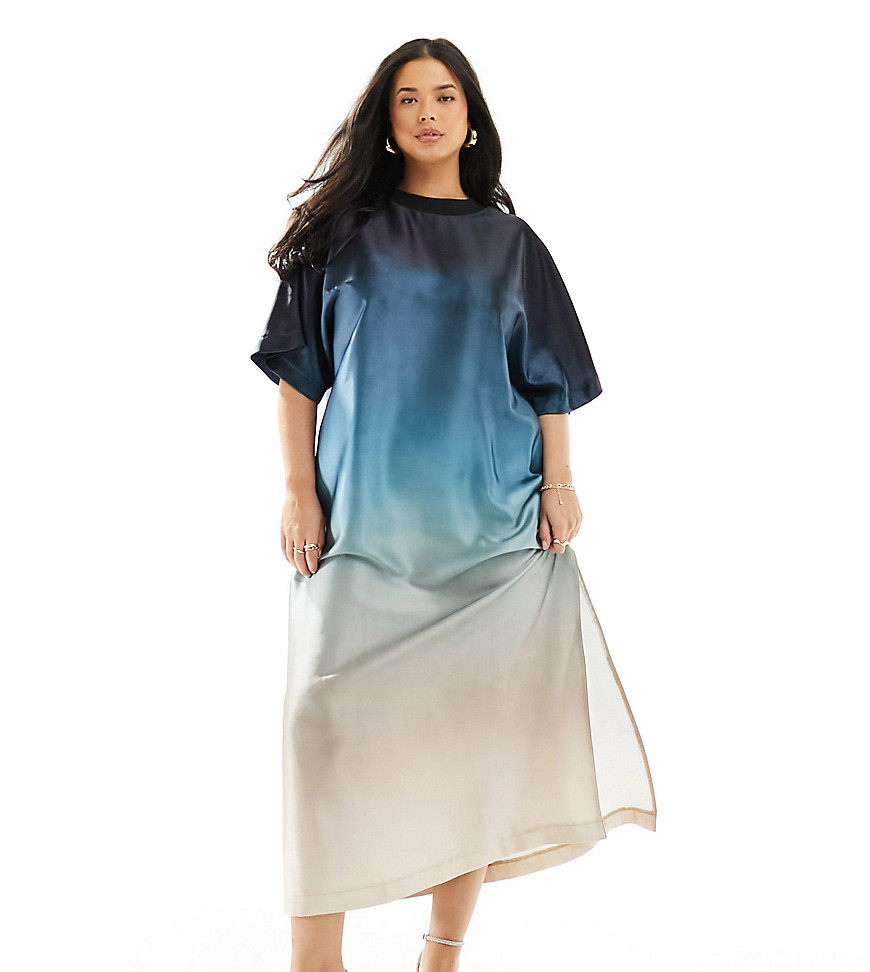 Asos Curve Asos Design Curve Satin Oversized Midi Tshirt Dress In Blue Ombre-multi