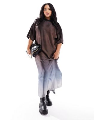 Asos Curve Asos Design Curve Satin Oversized Midi Tshirt Dress In Chocolate Ombre-multi