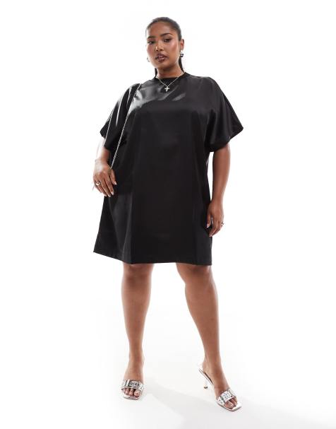 ASOS DESIGN Curve satin oversized mini t-shirt dress in black - view 1