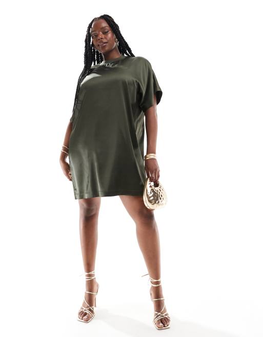 ASOS DESIGN Curve satin oversized mini t shirt dress in khaki