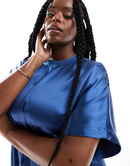 ASOS DESIGN Curve satin oversized mini t-shirt dress in steel blue, 2 of 4