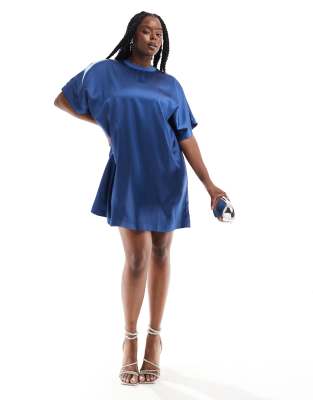 ASOS DESIGN Curve satin oversized mini tshirt dress in steel blue | ASOS