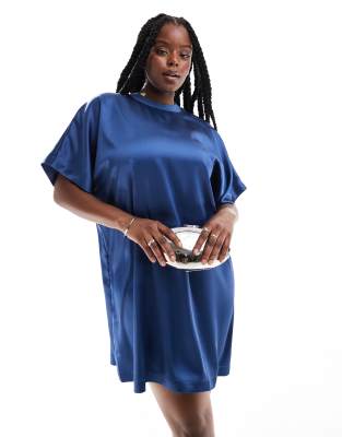 ASOS DESIGN Curve satin oversized mini tshirt dress in steel blue | ASOS