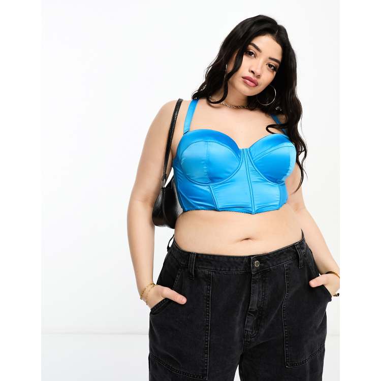 ASOS DESIGN Curve Satin padded underwire corset with detachable straps in  blue