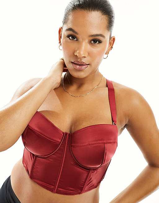 ASOS DESIGN Curve satin padded underwire corset with detachable straps in  red
