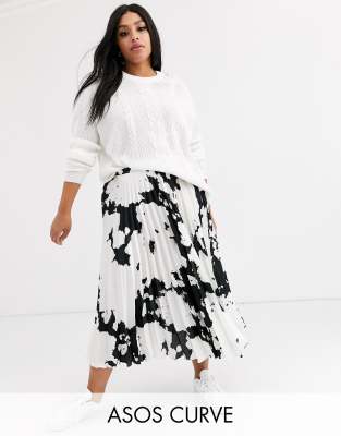 ASOS DESIGN Curve satin pleated midi skirt in cow print-Multi