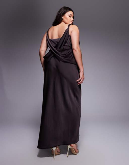 ASOS DESIGN Curve satin plunge maxi dress with knot shoulder and deep cowl back in chocolate, 2 of 4