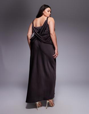 Asos Curve Asos Design Curve Satin Plunge Maxi Dress With Knotted Shoulders And Deep Cowl Back In Brown