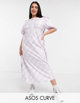 ASOS DESIGN Curve satin puff sleeve open back midi tea dress in soft check-Multi