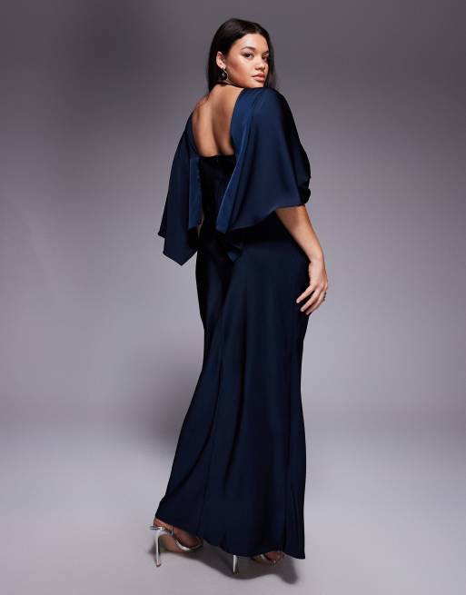 ASOS DESIGN Curve satin ruffle cape sleeve maxi dress with open back detail and high split in navy, 2 of 4