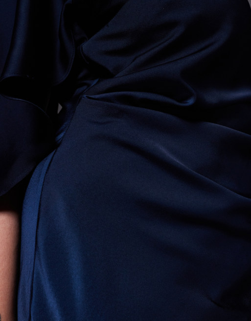 ASOS DESIGN Curve satin ruffle cape sleeve maxi dress with open back detail and high split in navy, 3 of 4