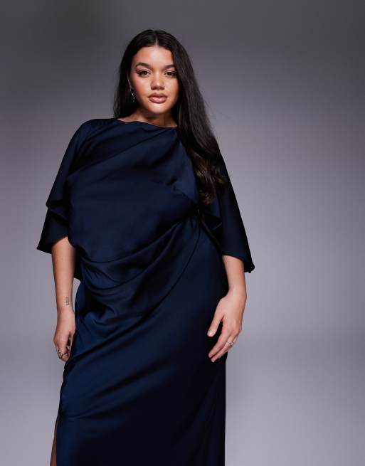 ASOS DESIGN Curve satin ruffle cape sleeve maxi dress with open back detail and high split in navy, 4 of 4