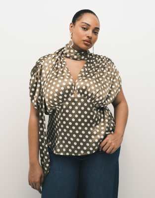 Asos Curve Asos Design Curve Satin Scarf And Volume Detail Blouse In Brown