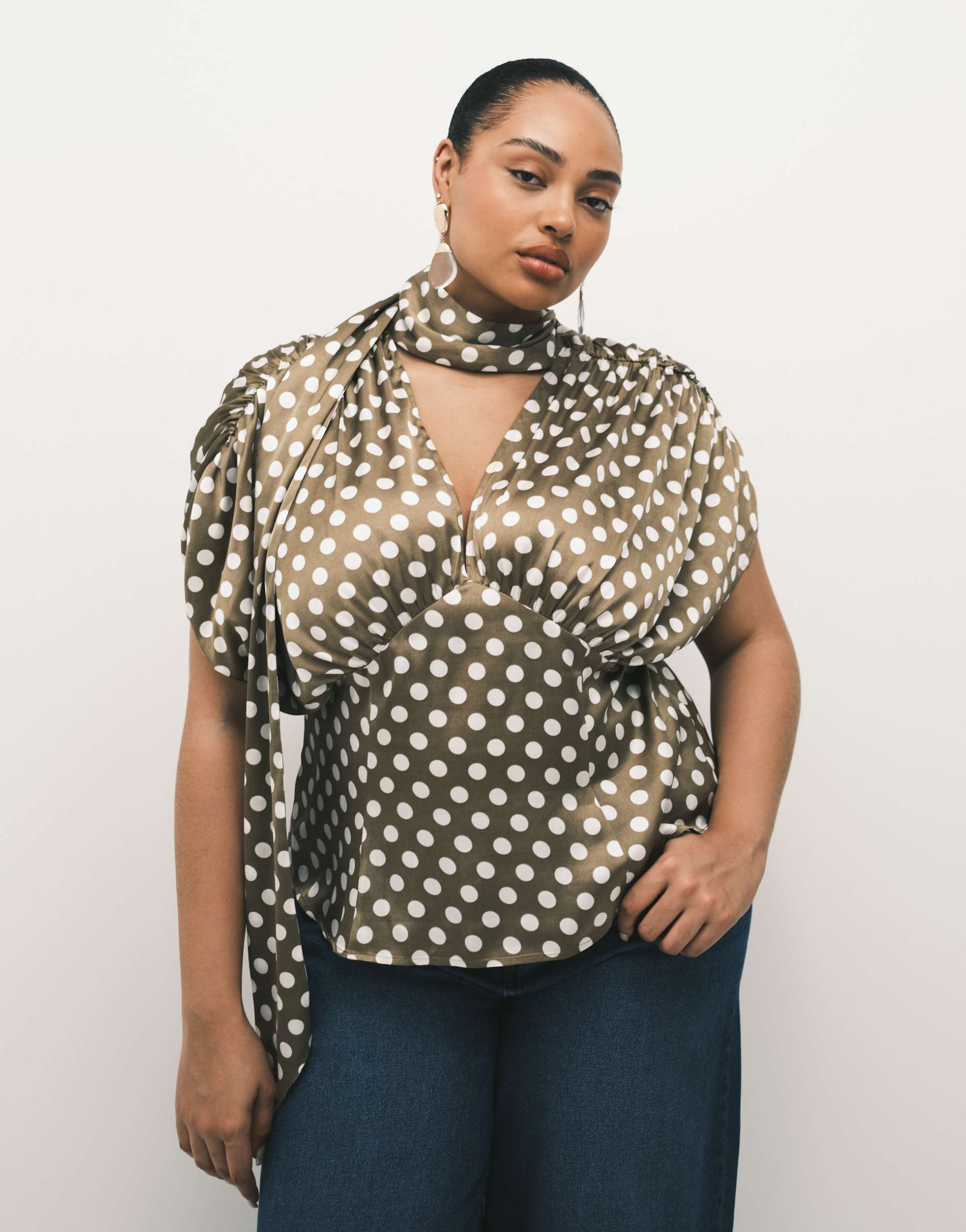 asos design curve satin scarf and volume detail blouse in polka dot