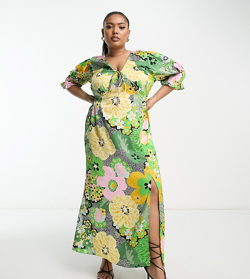 Asos Curve Asos Design Curve Satin Shirred Cuff Midi Tea Dress With Tie Front In Floral Print-multi
