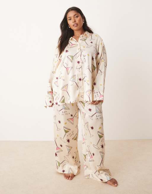 ASOS DESIGN Curve satin shirt and pants pajama set in cocktail print