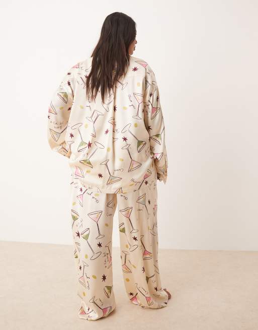 ASOS DESIGN Curve satin shirt and pants pajama set in cocktail print