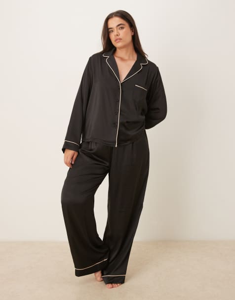 ASOS DESIGN Curve satin shirt & pants pajama set in black - view 1