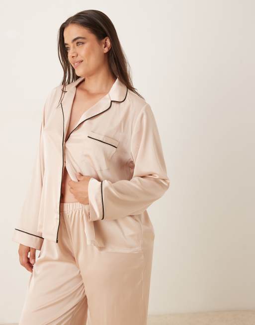 ASOS DESIGN Curve satin shirt & pants pajama set in champagne pink, 2 of 4