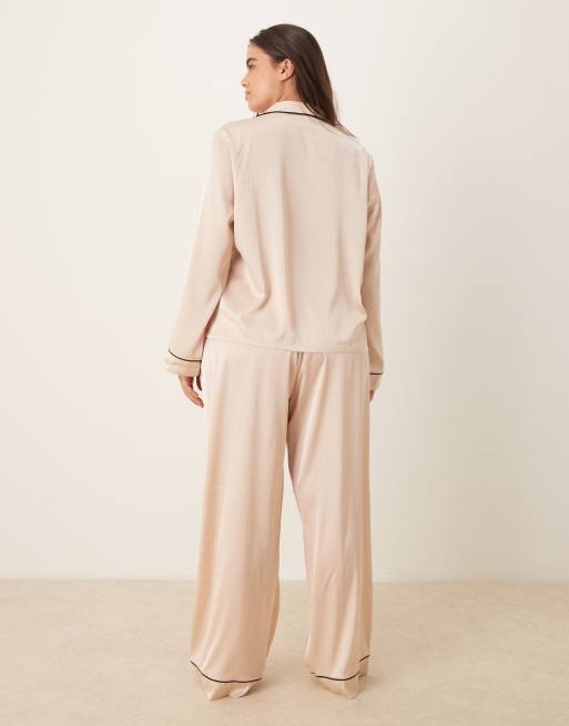 ASOS DESIGN Curve satin shirt & pants pajama set in champagne pink, 3 of 4