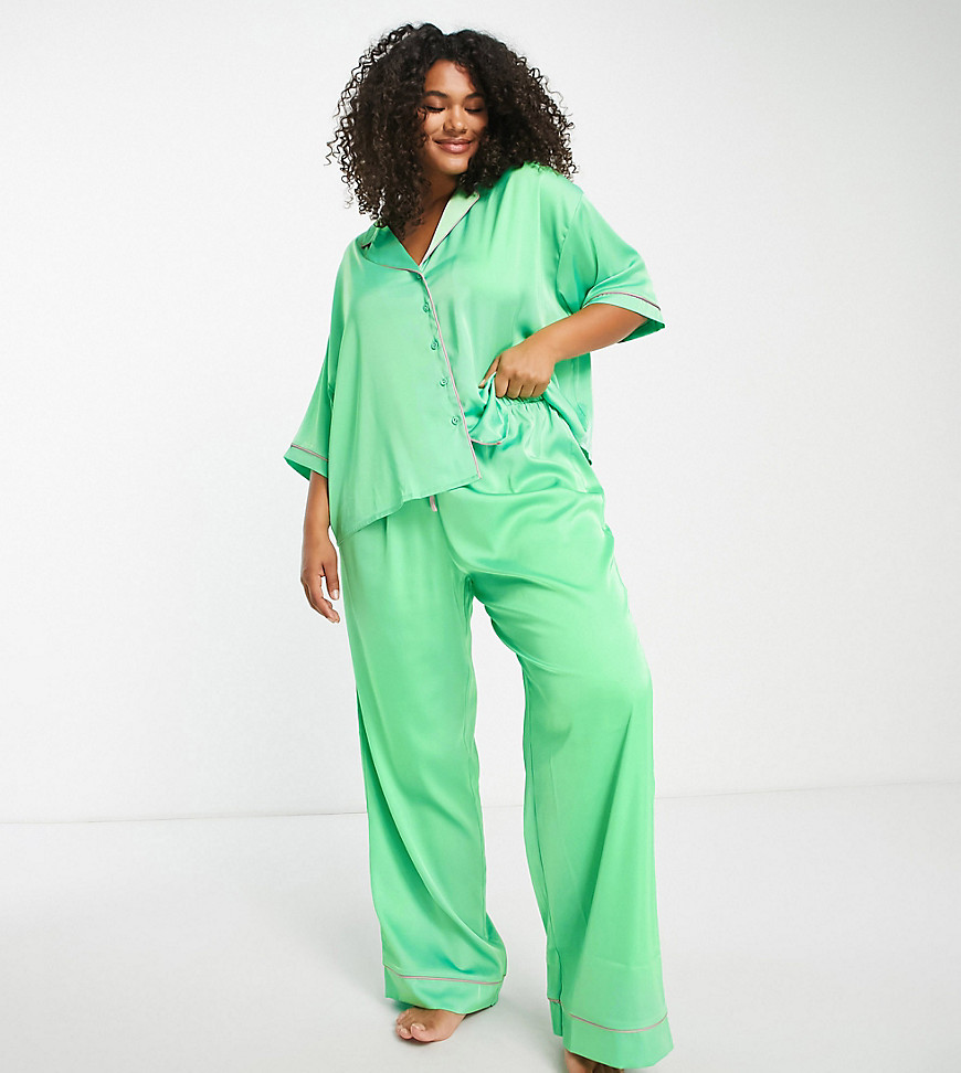 ASOS DESIGN Curve satin shirt & pants pajama set with contrast piping in green