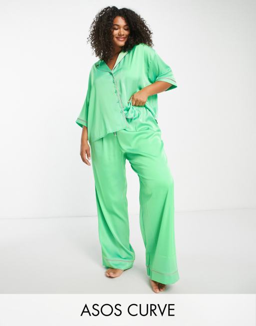 ASOS DESIGN Curve satin shirt & pants pajama set with contrast piping in  green