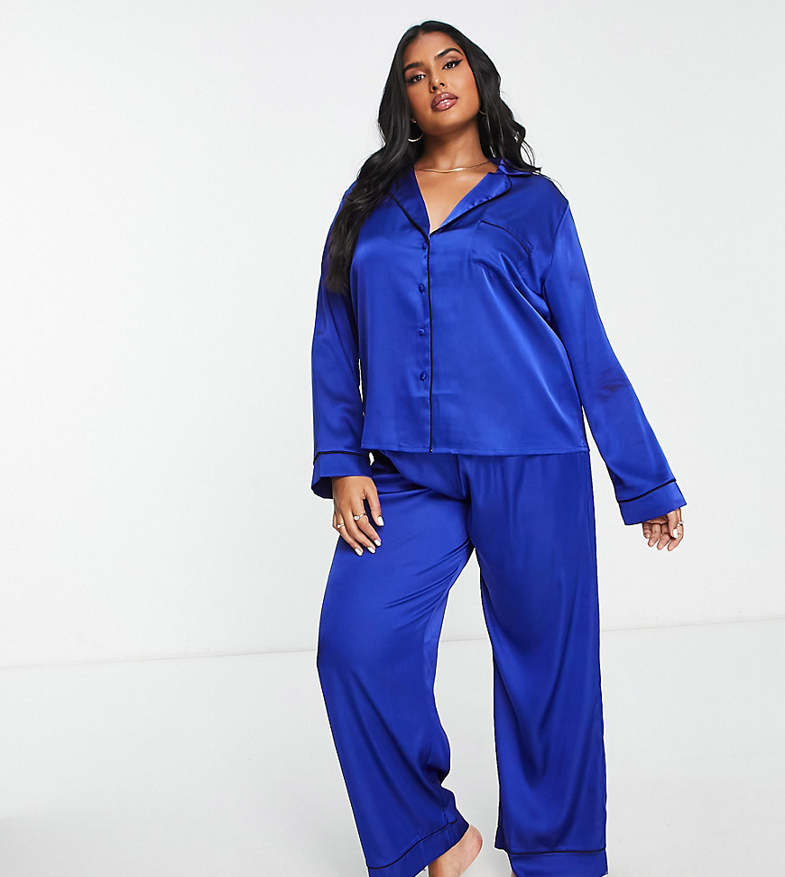 ASOS DESIGN Curve satin shirt & pants pajama set with contrast piping in rich blue