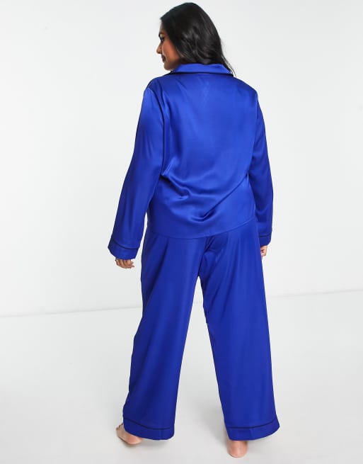 ASOS DESIGN Curve satin shirt & pants pyjama set with contrast piping in rich blue, 2 of 4