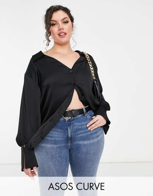 ASOS DESIGN Curve satin shirt with collar and deep cuff in black | ASOS