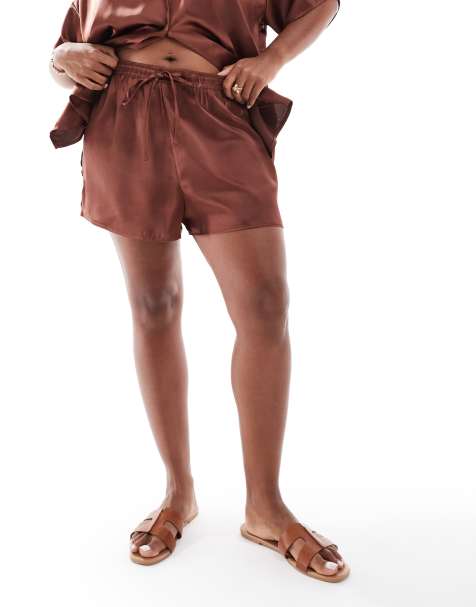 ASOS DESIGN Curve satin short co-ord in brown