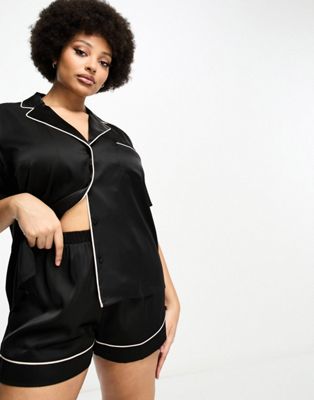 Asos Curve Asos Design Curve Satin Short Sleeve Shirt & Short Pajama Set In Black