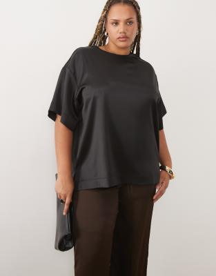 Asos Curve Asos Design Curve Satin Short Sleeve Top In Black