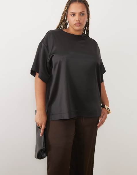 ASOS DESIGN Curve satin short sleeve top in black - view 1